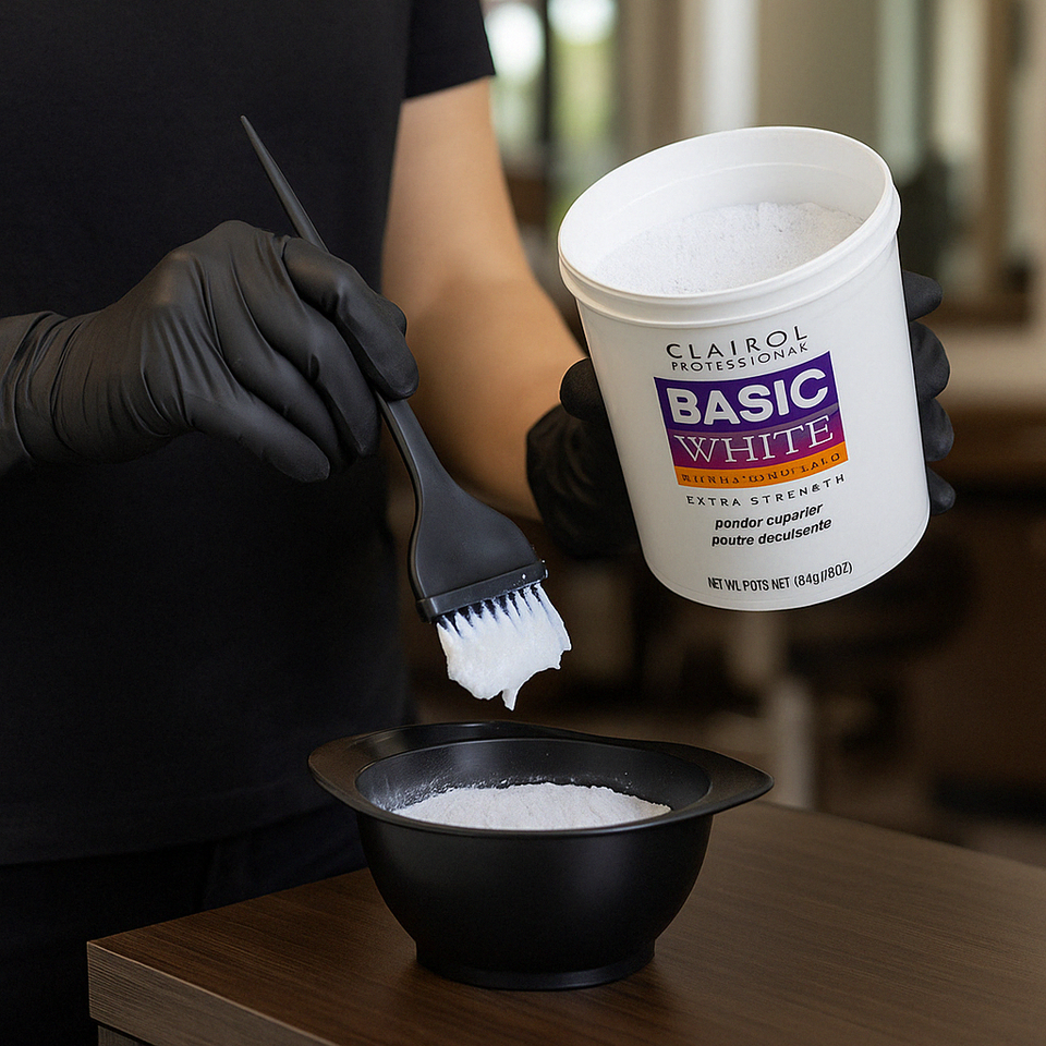A hairstylist wearing black gloves mixes Clairol Professional Basic White Extra Strength powder lightener in a black bowl using a tint brush.