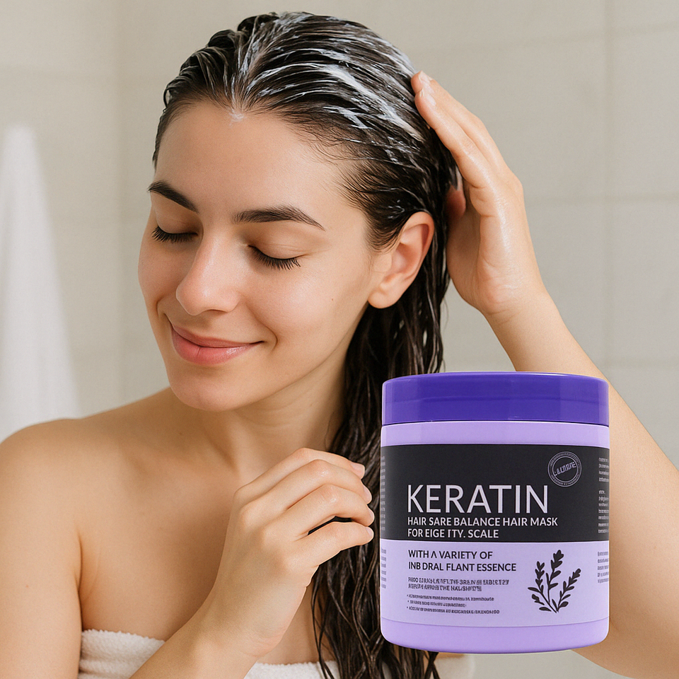 Woman applying lavender keratin hair mask for healthy scalp and damaged hair repair in bathroom setting.