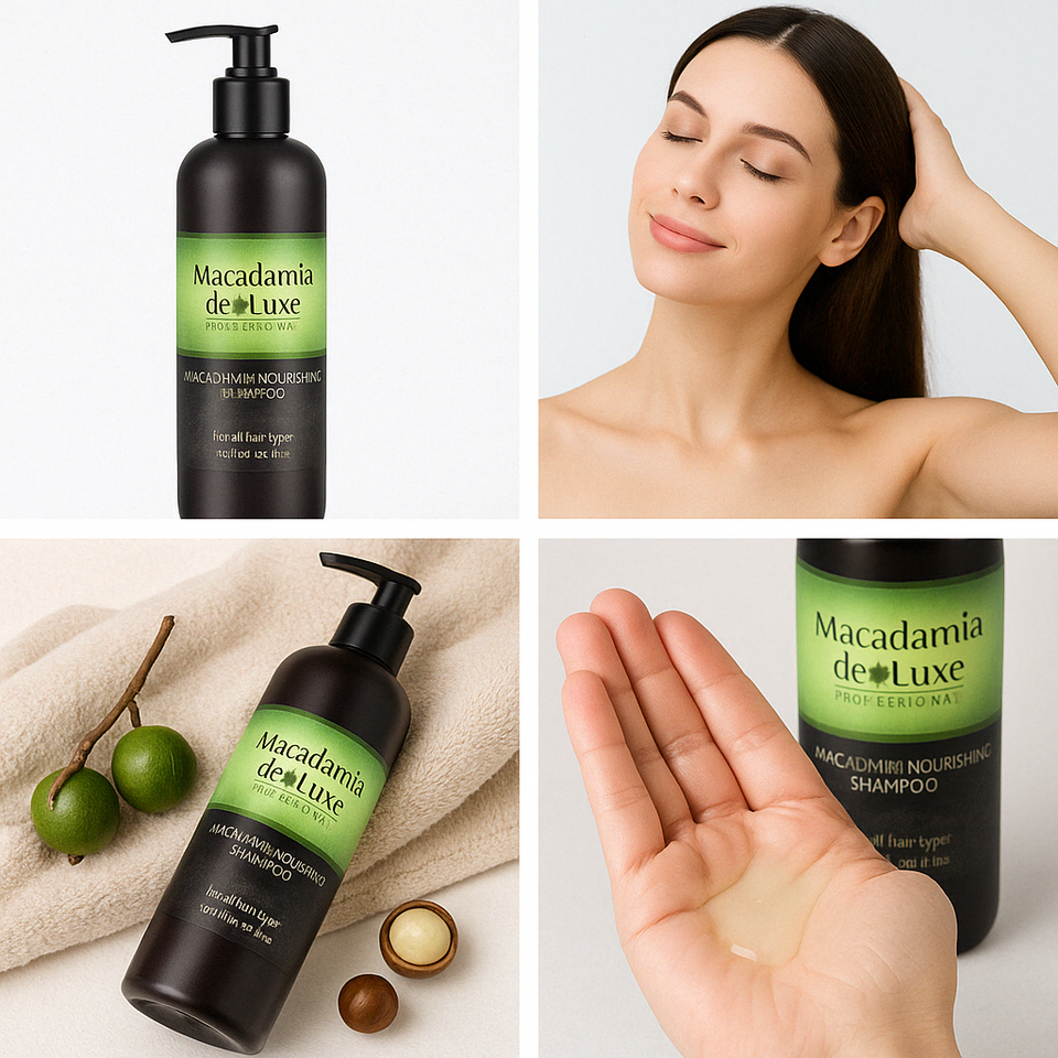 Macadamia deLuxe Nourishing Shampoo for all hair types – moisturizing formula with macadamia oil, shown in use and texture for healthy, shiny hair care in South Africa.