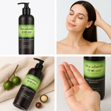 Macadamia deLuxe Nourishing Shampoo for all hair types – moisturizing formula with macadamia oil, shown in use and texture for healthy, shiny hair care in South Africa.