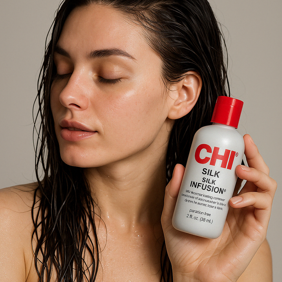 Woman with wet hair applying CHI Silk Infusion hair treatment for smooth, frizz-free shine – paraben-free hair serum.