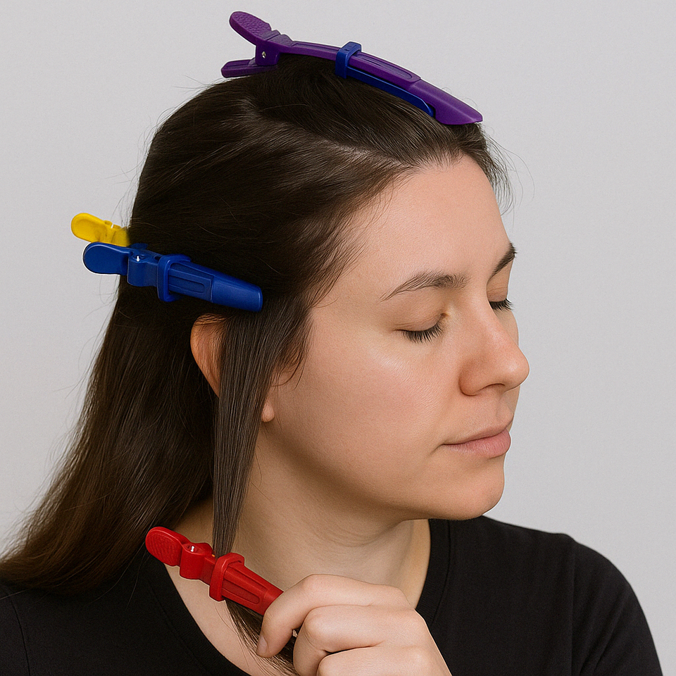 Woman sectioning her hair using colorful hair clips in red, blue, yellow, and purple.