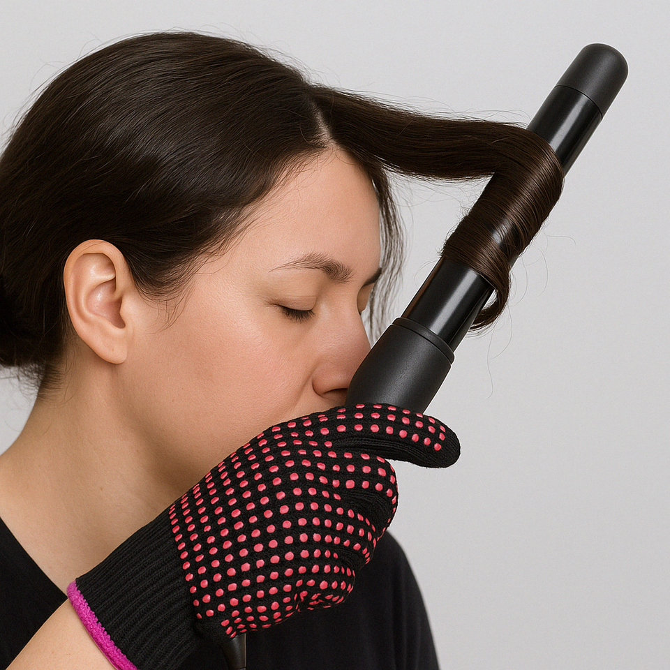 Woman styling her hair with a curling iron while wearing a black heat-resistant glove with pink dots.