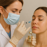 A female medical professional wearing a surgical mask and gloves is administering an INNOTOX Botulinum Toxin Type A injection near the eye area of a relaxed female patient, who has her eyes closed, against a neutral background.