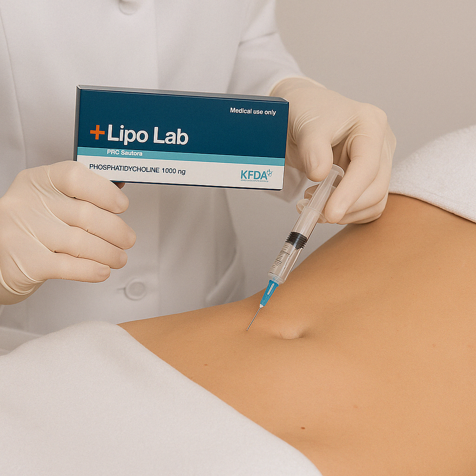 A medical professional injecting Lipo Lab PPC Solution into a patient’s stomach area, holding the product box while wearing white gloves in a clinical setting.