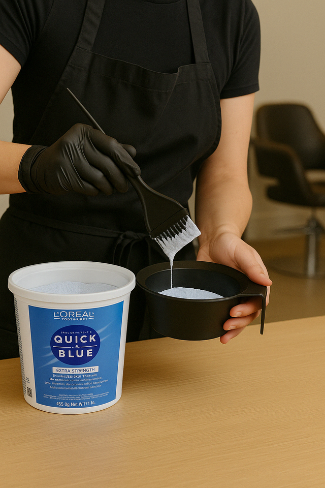 A hairstylist wearing black gloves mixes L'Oréal Quick Blue Extra Strength Bleach in a black bowl using a tint brush in a salon setting.