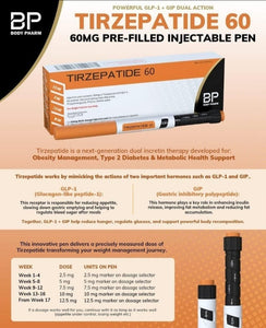 BP Body Pharm Tirzepatide 60 pre-filled injectable pen packaging on an orange background