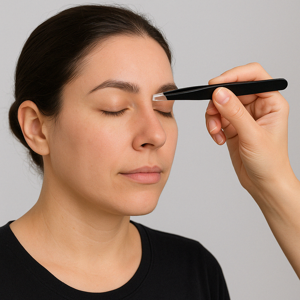 Woman using black tweezers to groom her eyebrows with eyes closed.