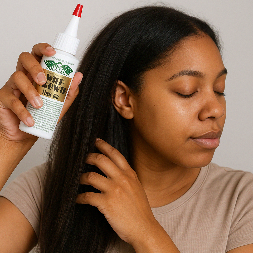 Young woman applying Wild Growth Hair Oil to her natural hair for enhanced growth and scalp nourishment.