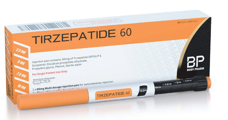 Tirzepatide 60 packaging with injection pen on a white background