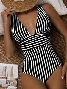 Vintage Striped V-Neck Swimsuit for Women