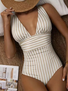 Vintage Striped V-Neck Swimsuit for Women